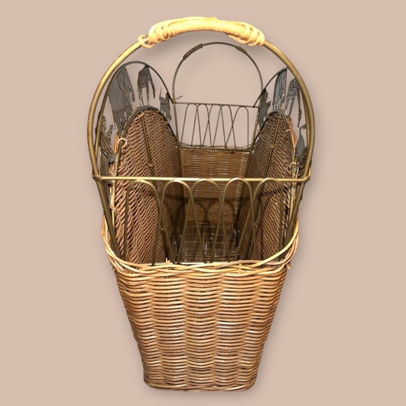 Vintage Wicker Magazine Rack with Brass Safari Animal Design - Picture 5 of 8